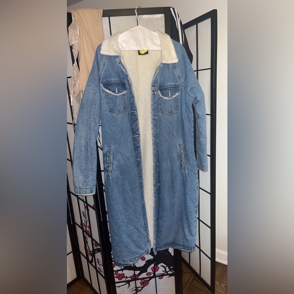 Blue denim long-line insulated duster coat